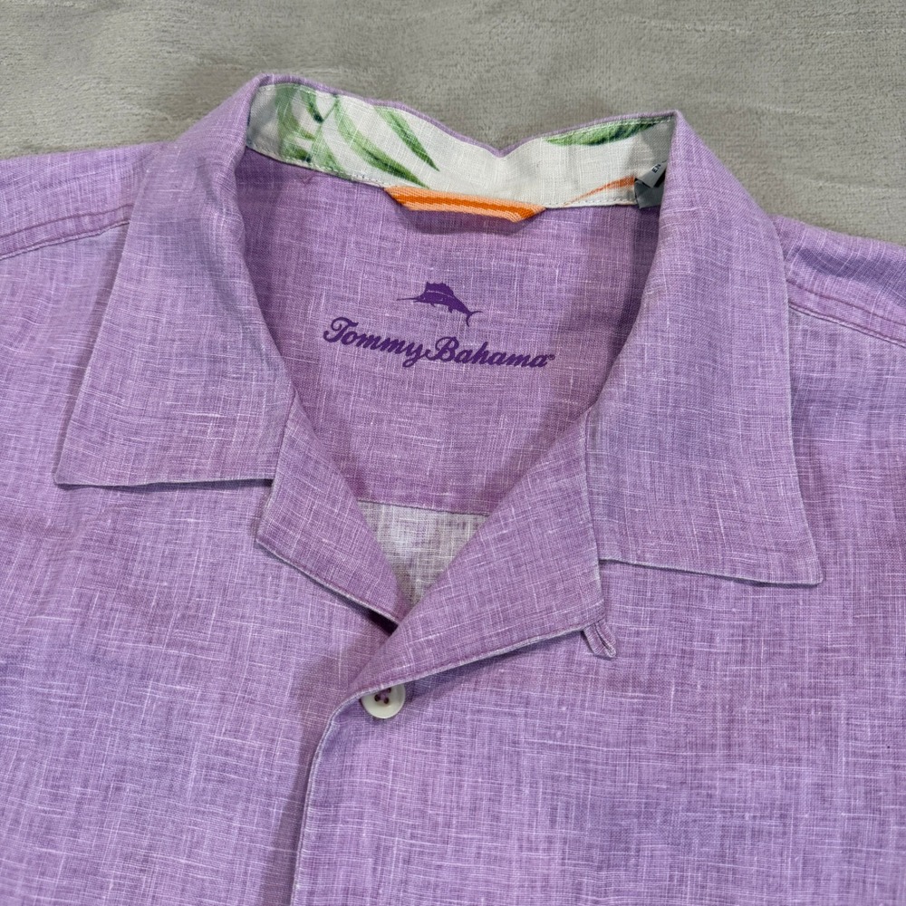 Tommy Bahama Mens Large Purple 100% Linen Short Sleeve Button Front Shirt Logo - Picture 3 of 8